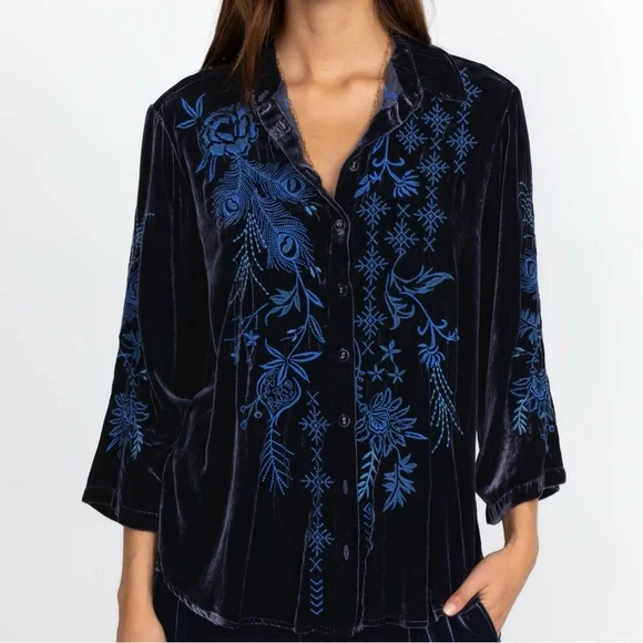 Johnny Was heavily embroidered Azure Velvet Kimono Sleeve Shirt/Jacket NWT - Picture 6 of 12